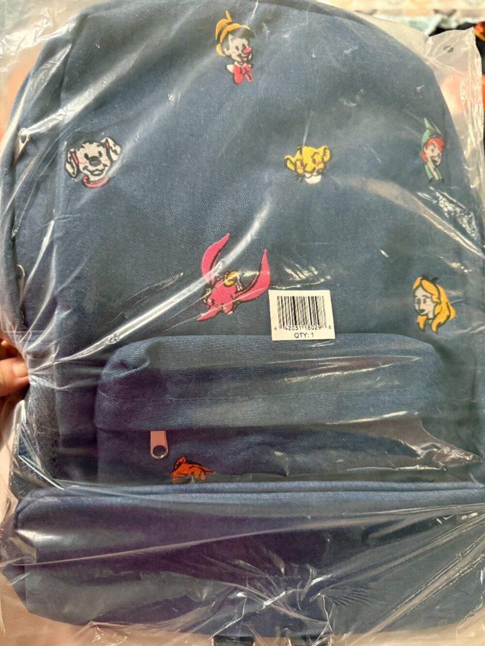NWT Disney Denim Full Size Backpack with Embroidered Characters